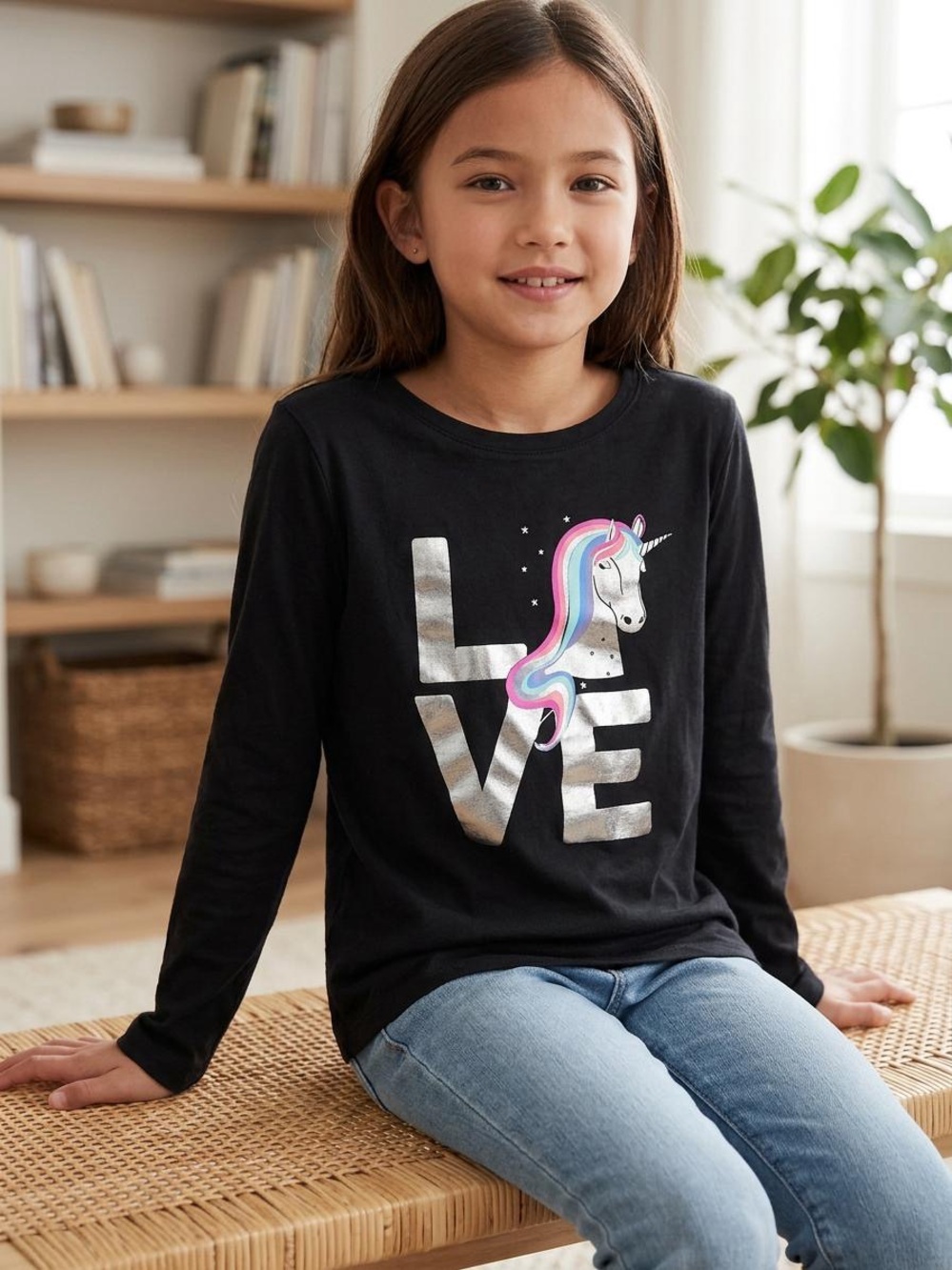GAP Black Long-Sleeve Tee with Metallic LOVE and Rainbow Unicorn